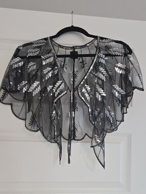 SAACHI Black Sheer Sequin Capelet Shrug
